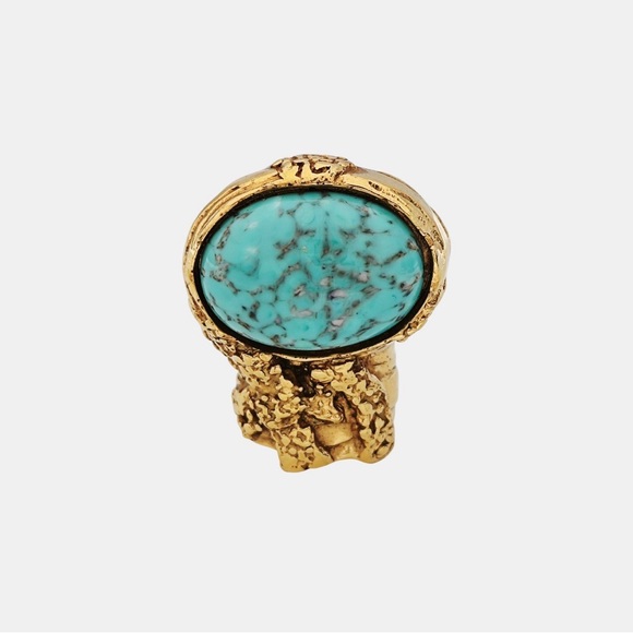 Yves Saint Laurent 1980s Vintage Turquoise Cabochon Sculptural Gold-Plated Ring - Picture 2 of 5